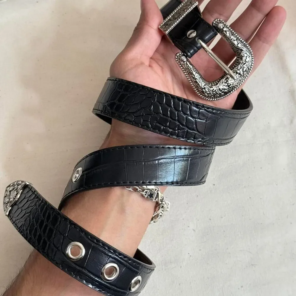 y2k style american western boho black snakeskin reptile belt